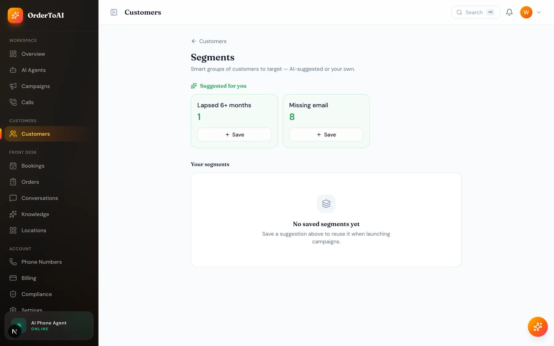 The Segments page showing saved customer groups