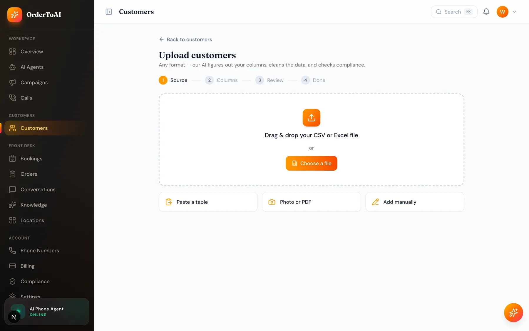 The customer upload page showing file import and the AI column mapper