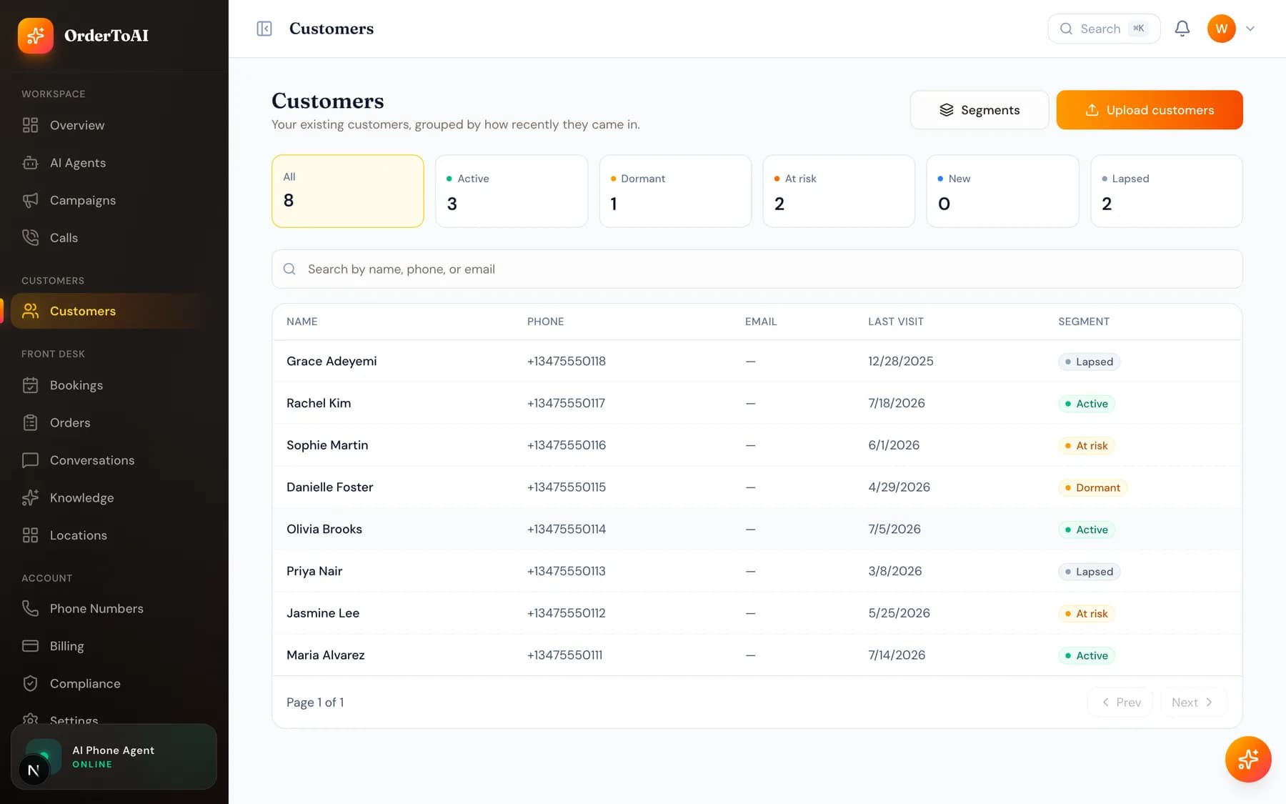 The Customers page listing imported customers with their status