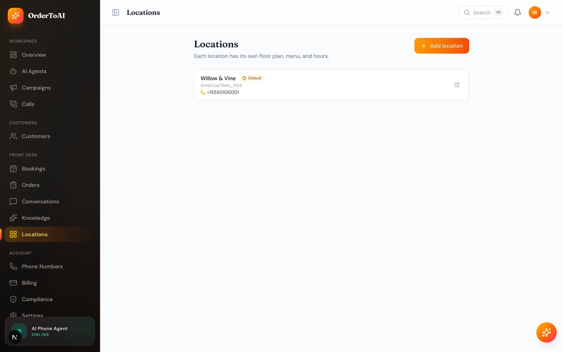 The Locations page listing stores with their phone numbers