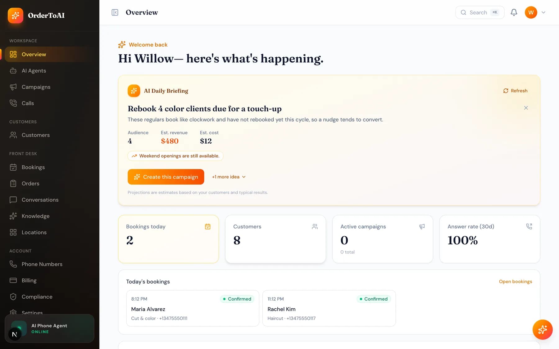 The OrderToAI dashboard Overview page showing the activation banner and getting started cards