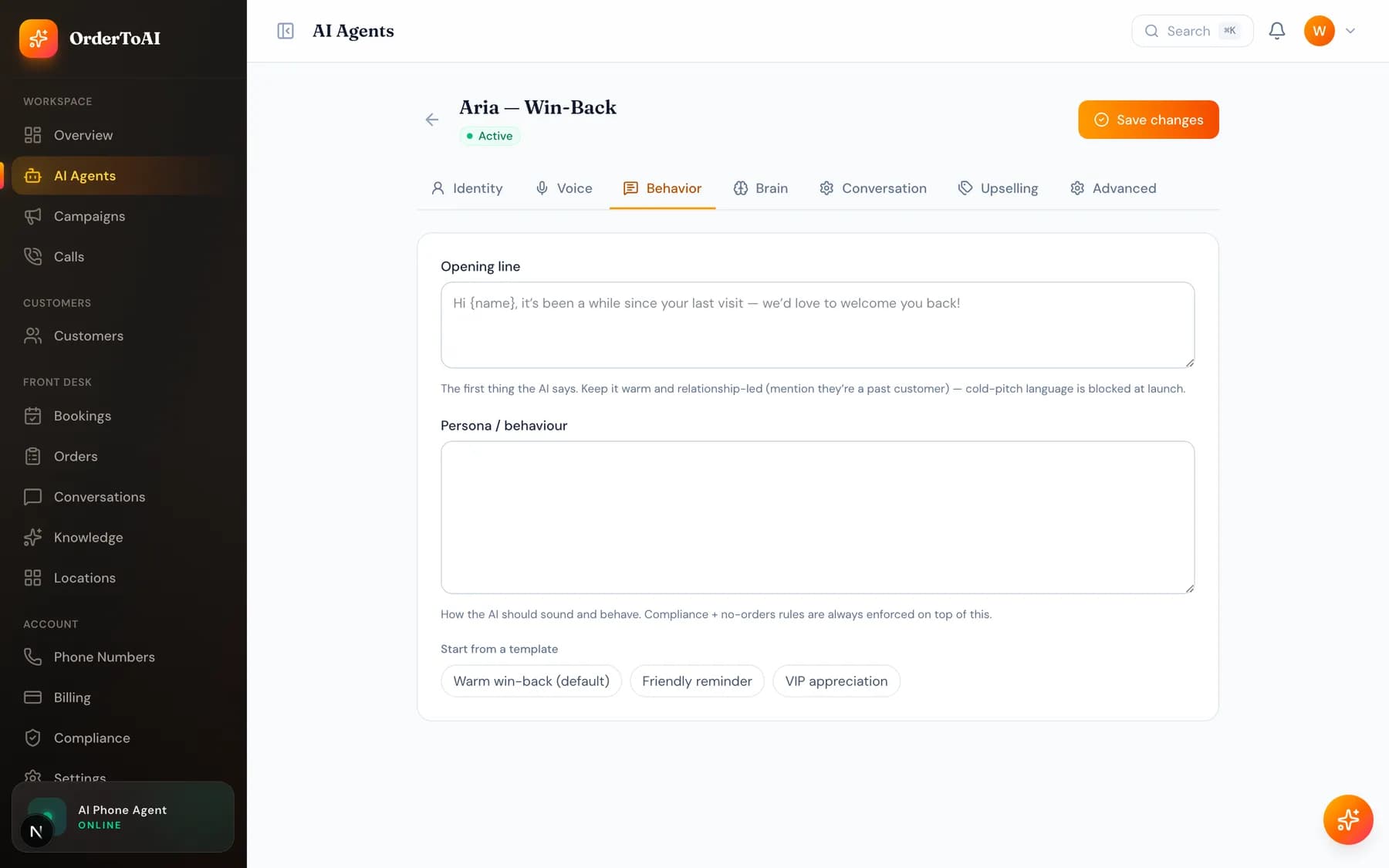 The Behavior tab showing the opening line field with a live compliance check and the persona editor