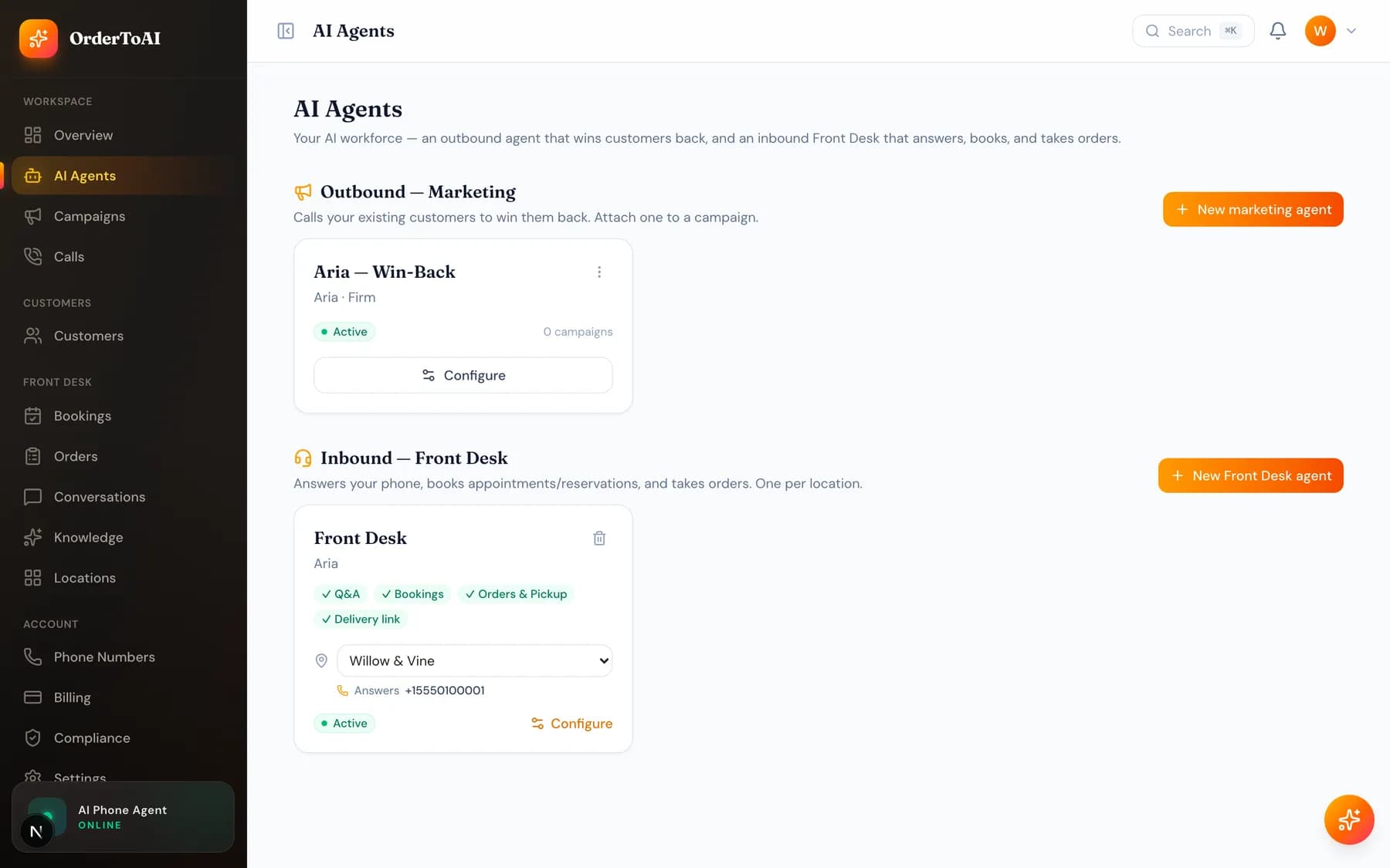 The AI Agents page listing outbound marketing agents and inbound Front Desk agents