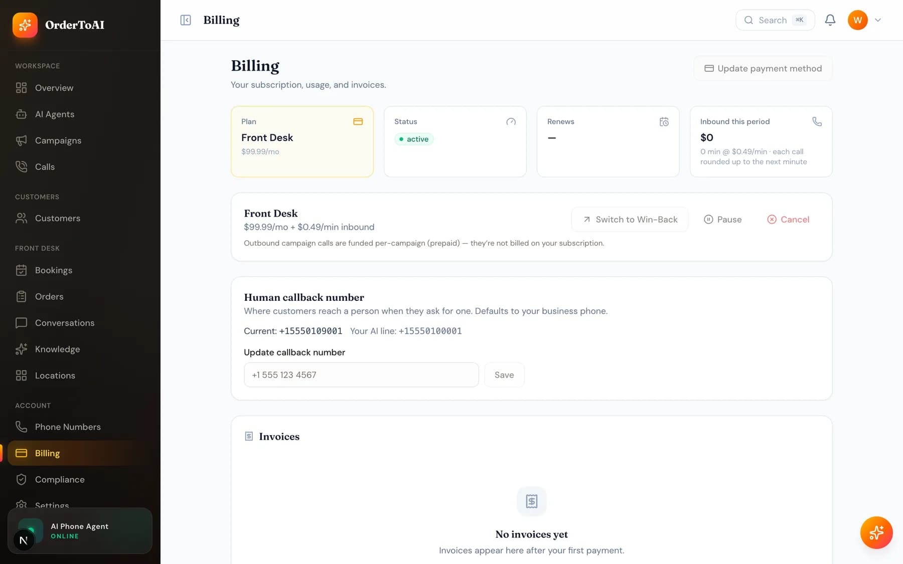 The Billing page showing the current plan, usage, and payment method