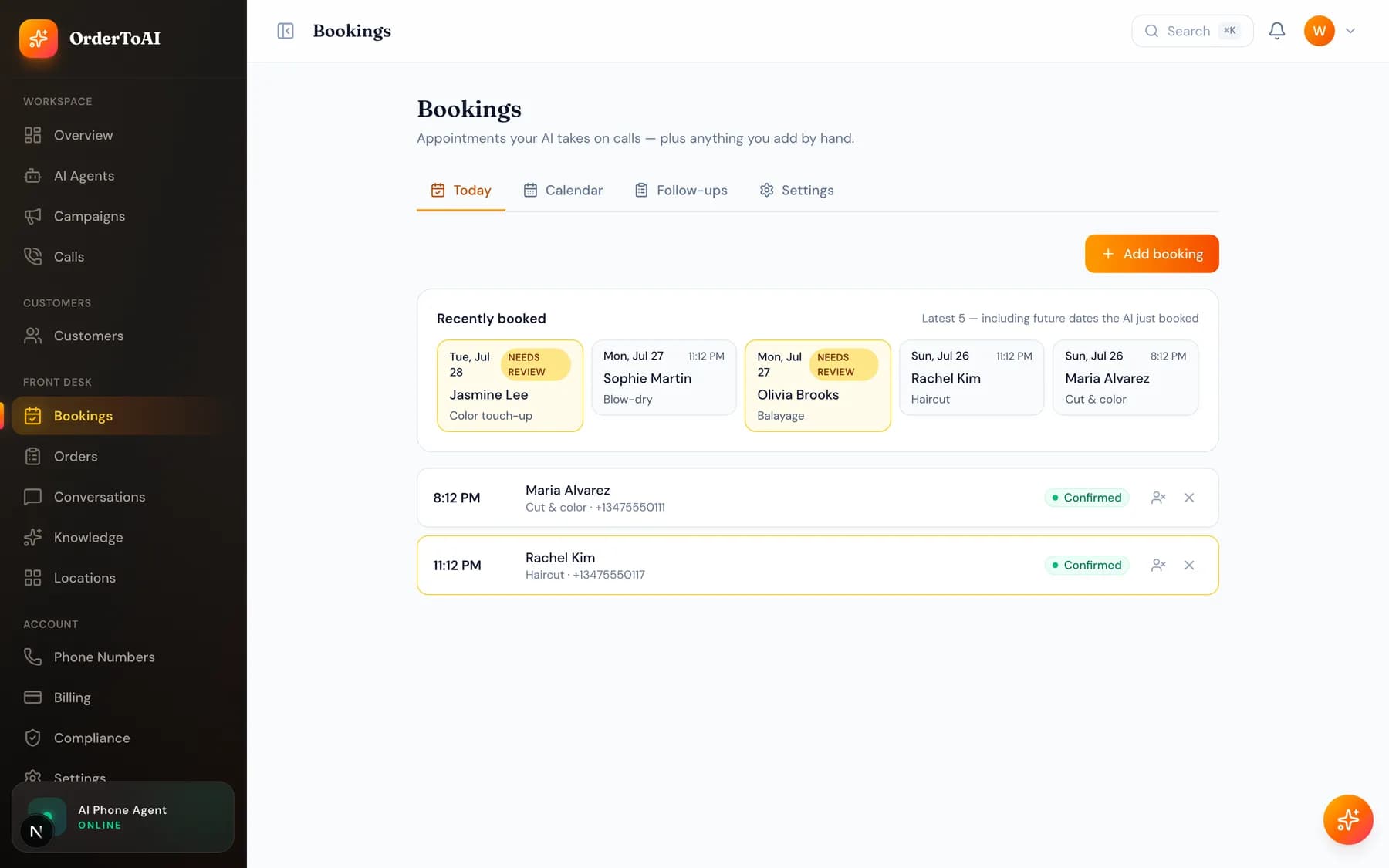 The Bookings page showing upcoming appointments