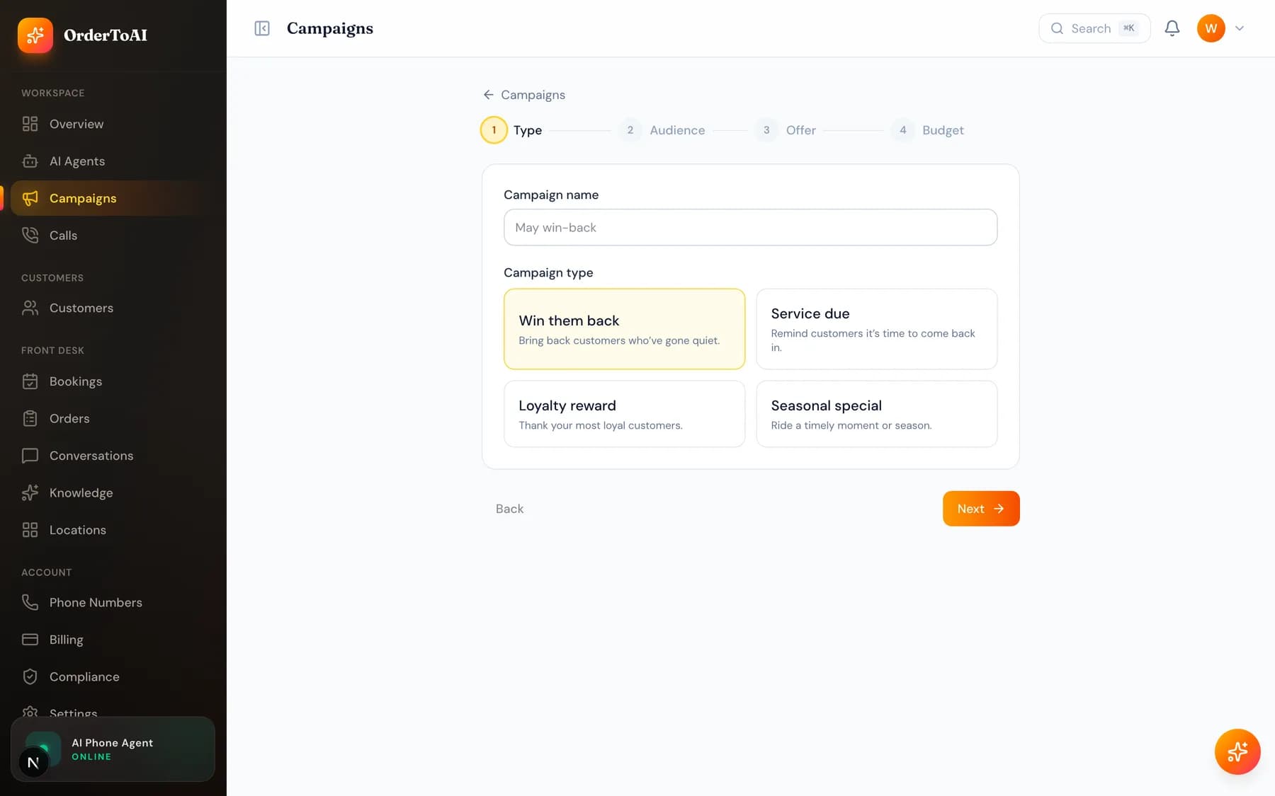 The four step campaign builder showing audience selection