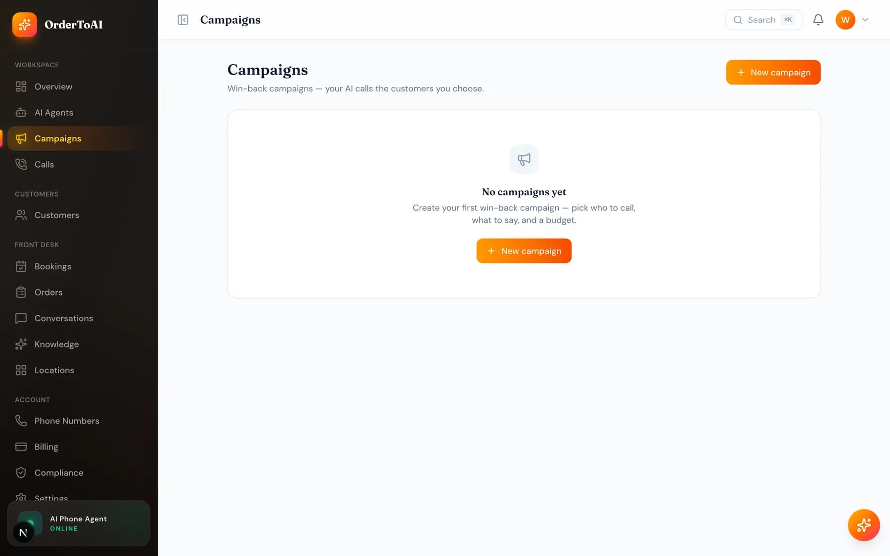 The Campaigns page listing campaigns with their status and results