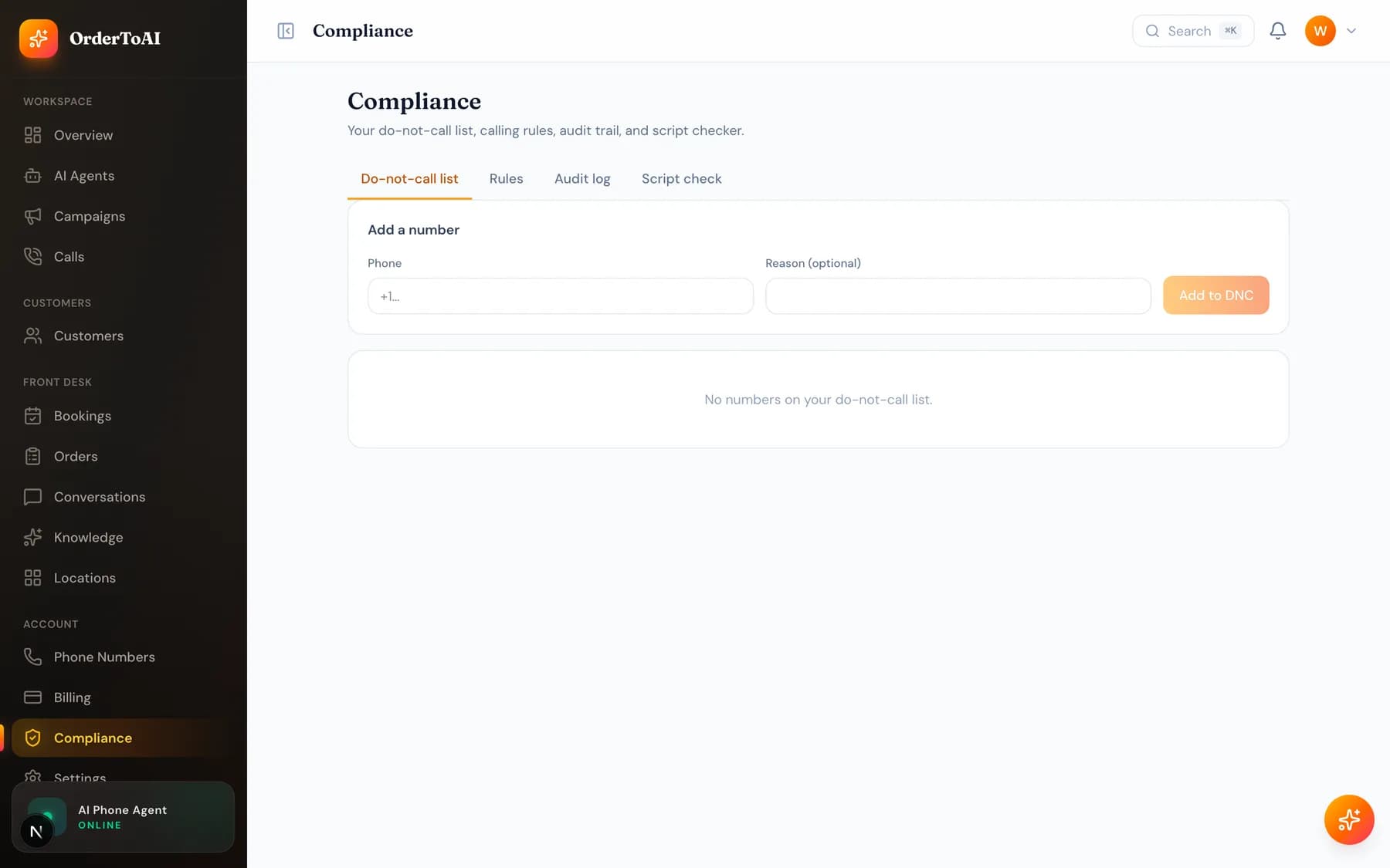 The Compliance page showing Do-Not-Call and calling hours controls
