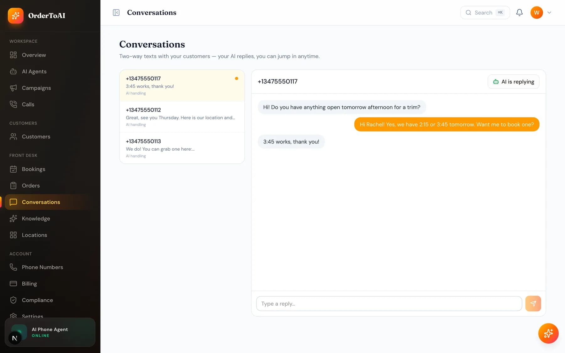 The Conversations page showing SMS threads with customers