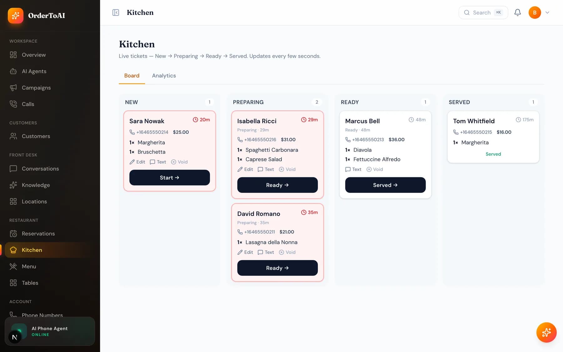 The Kitchen board showing incoming orders and their status