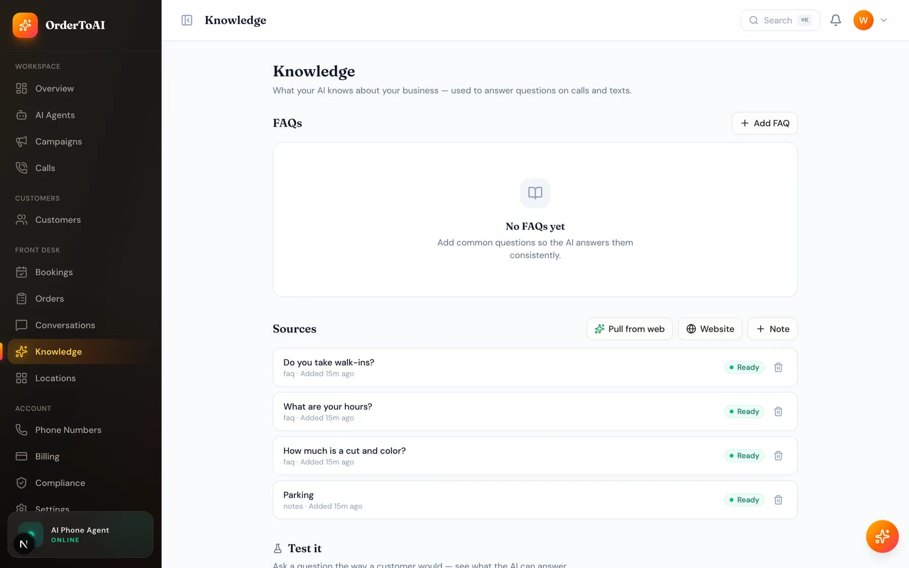 The Knowledge page showing business information sources the AI uses