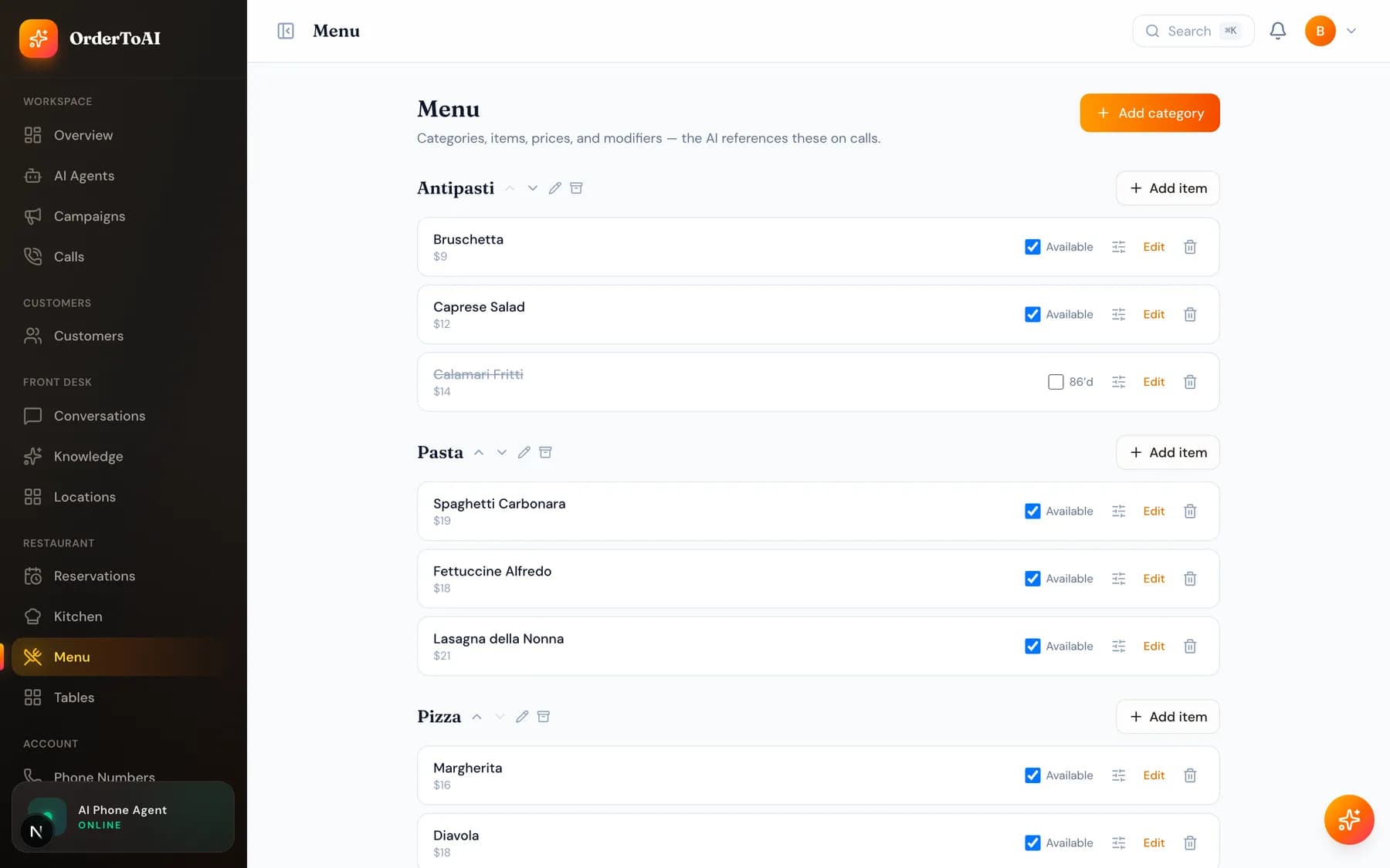 The Menu page showing categories, items, prices, and availability toggles