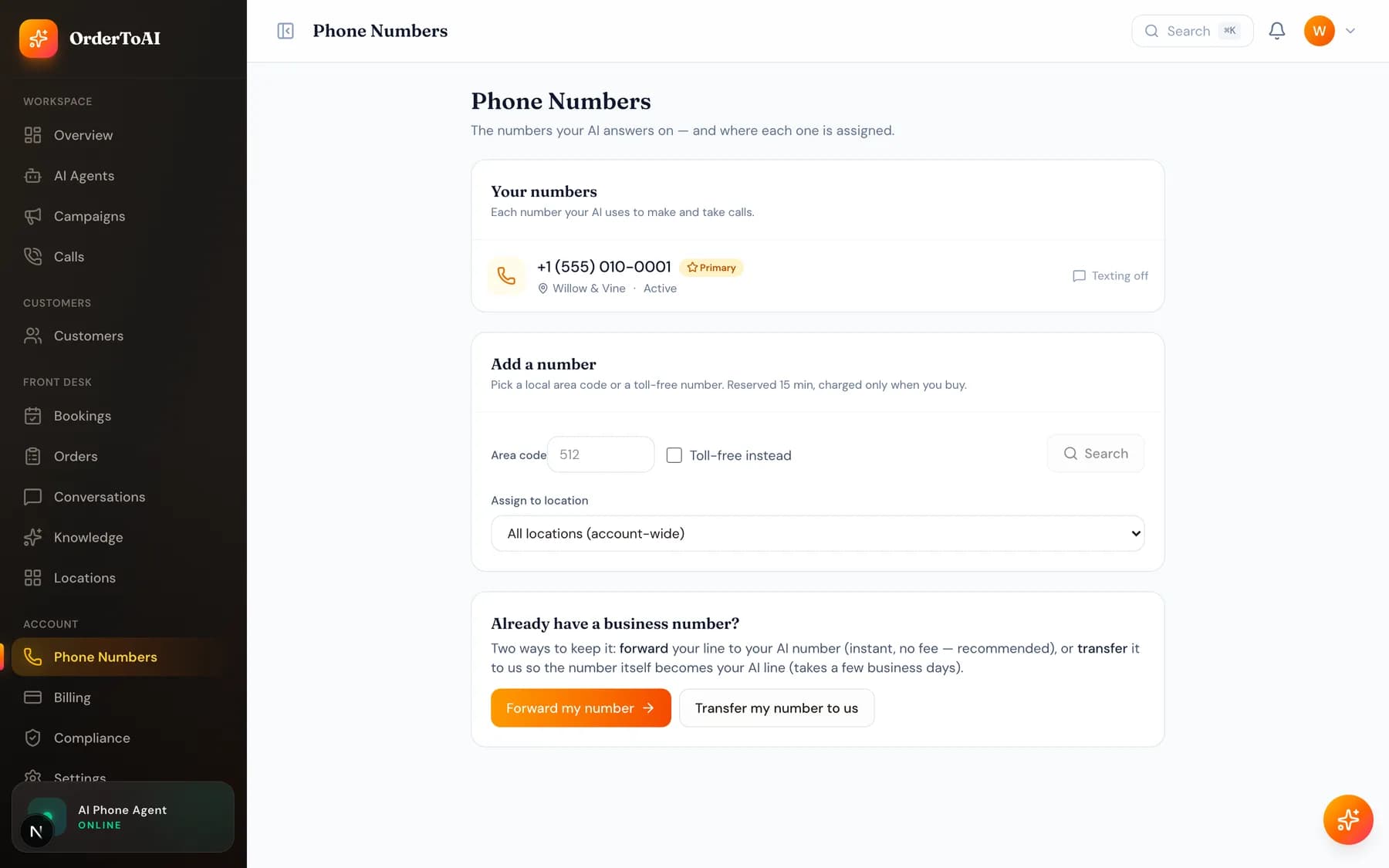 The Phone Numbers page showing owned numbers and the option to get a new one