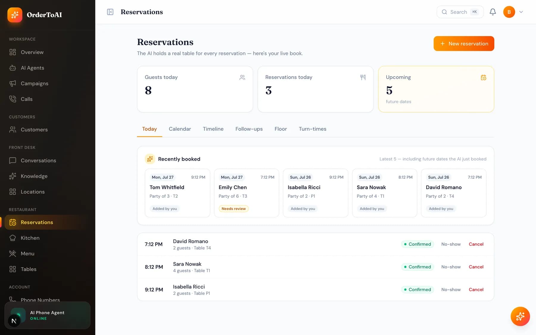 The Reservations page showing a service with bookings and party sizes