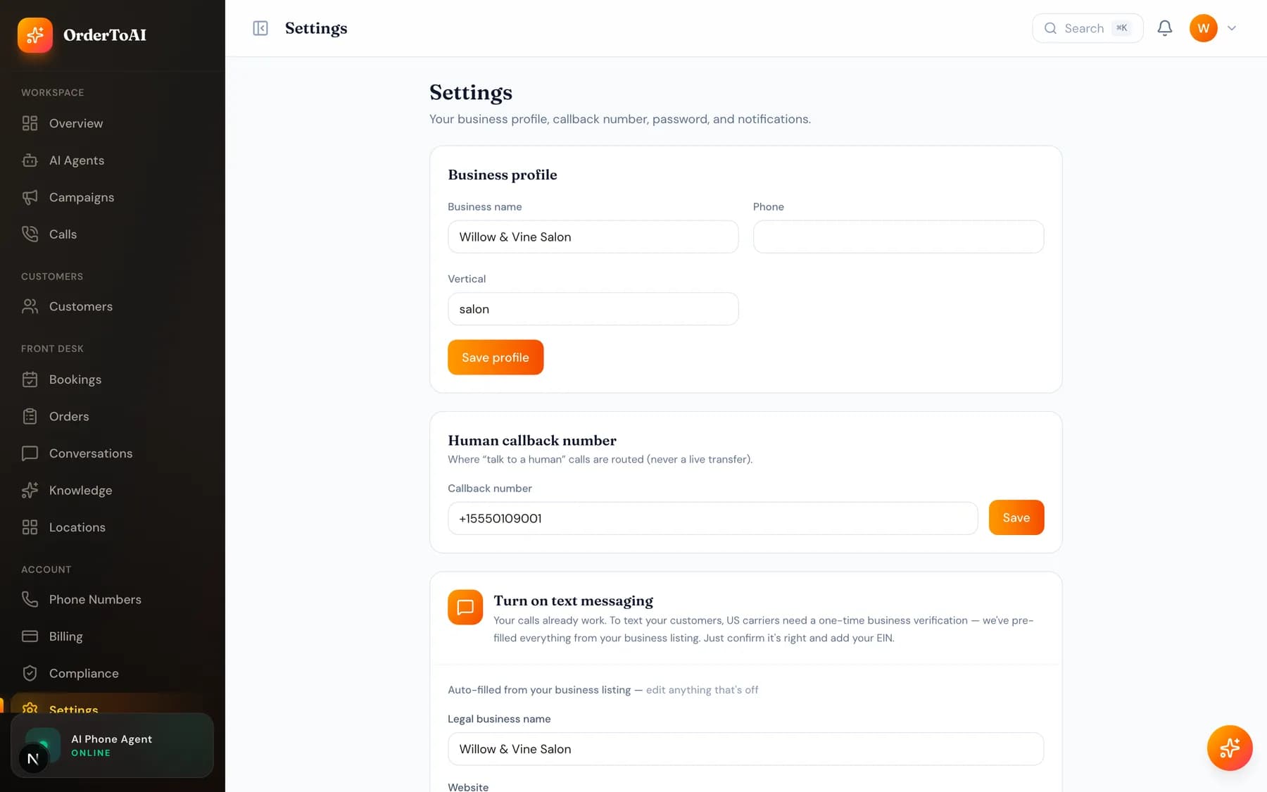 The Settings page showing business details and account configuration
