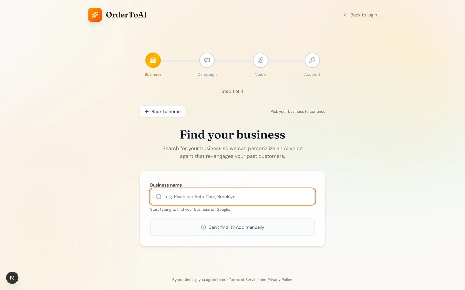 The OrderToAI signup page with a business name search box