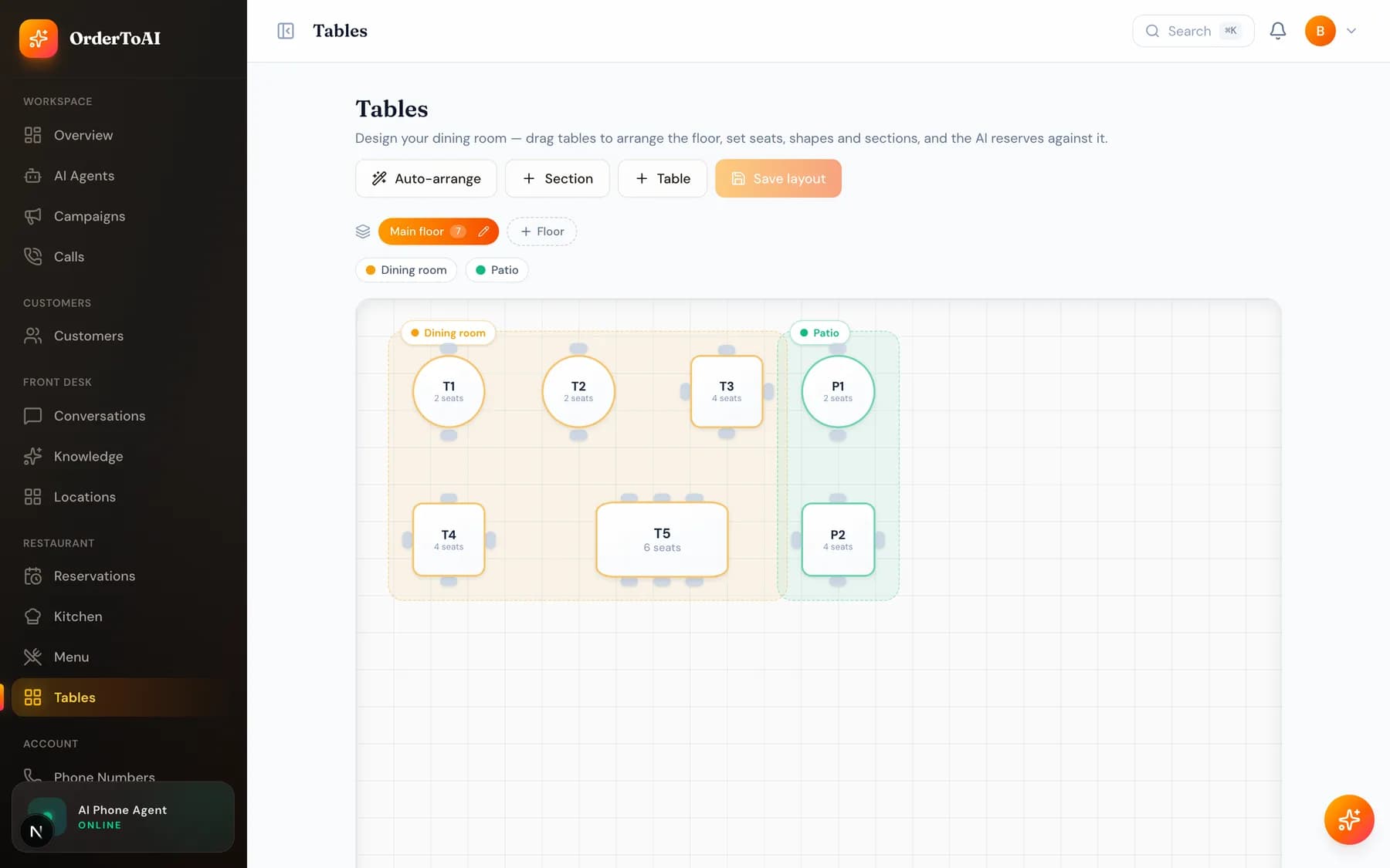 The Tables page showing a floor plan with tables and capacities