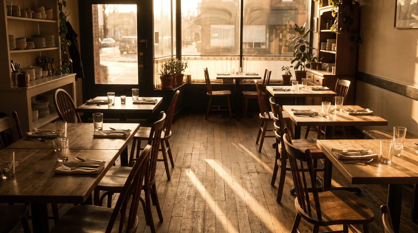 A neighborhood restaurant set for service in golden-hour light, calm before the rush