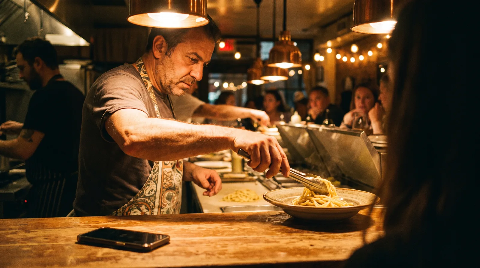 A restaurant owner plates pasta with both hands while his phone rests on the counter, already answered