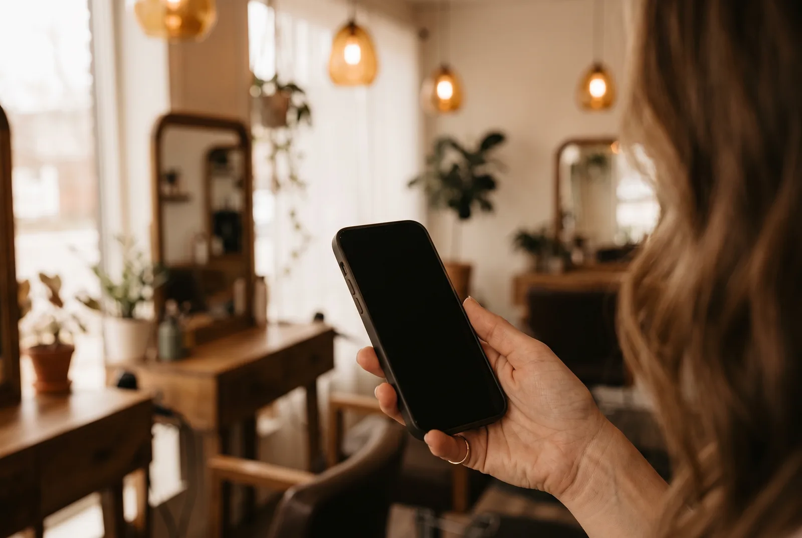 A hand holds a phone inside a warm salon while the AI receptionist handles the line