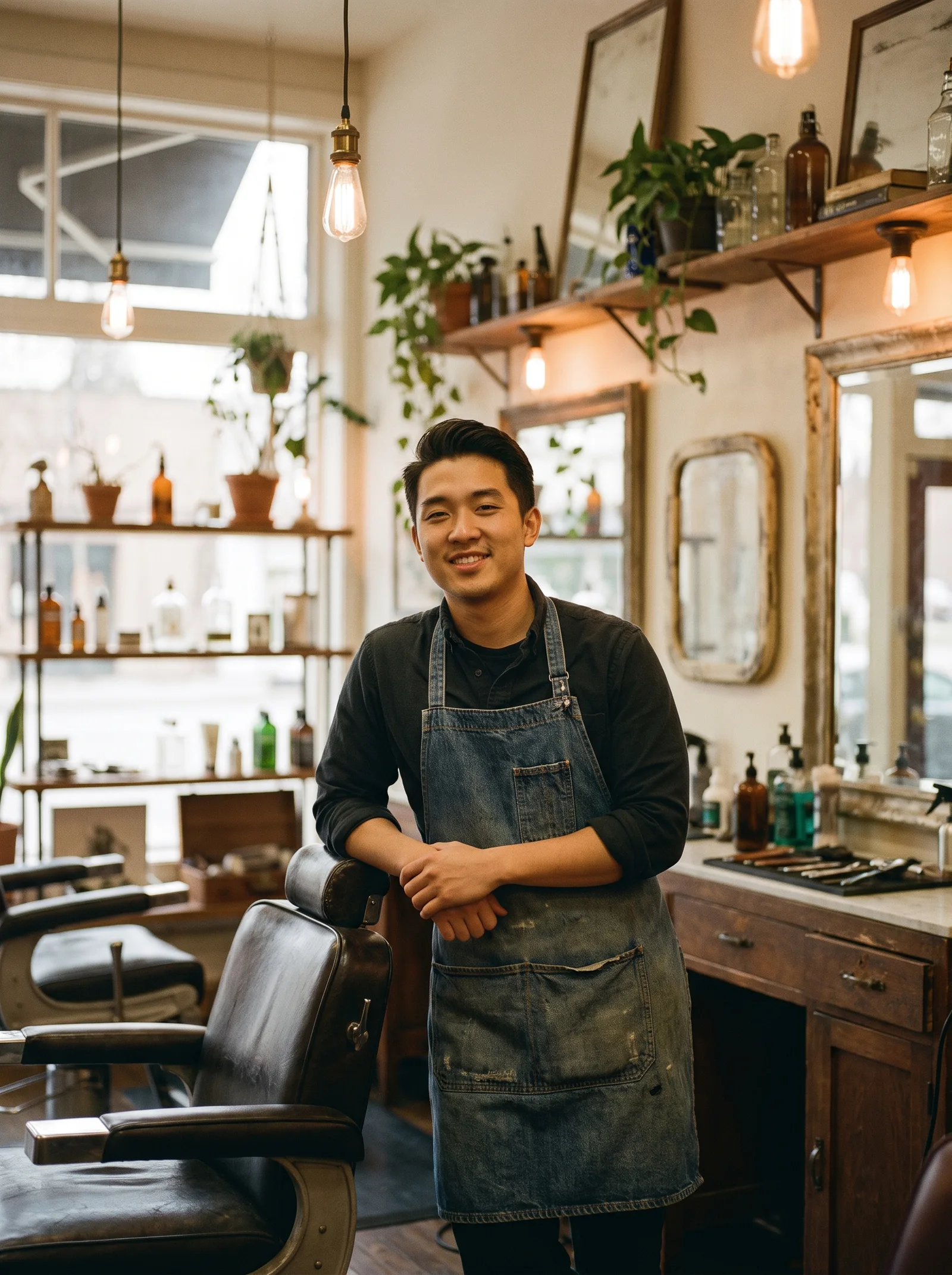 A young barber leaning on his chair in a moody barbershop