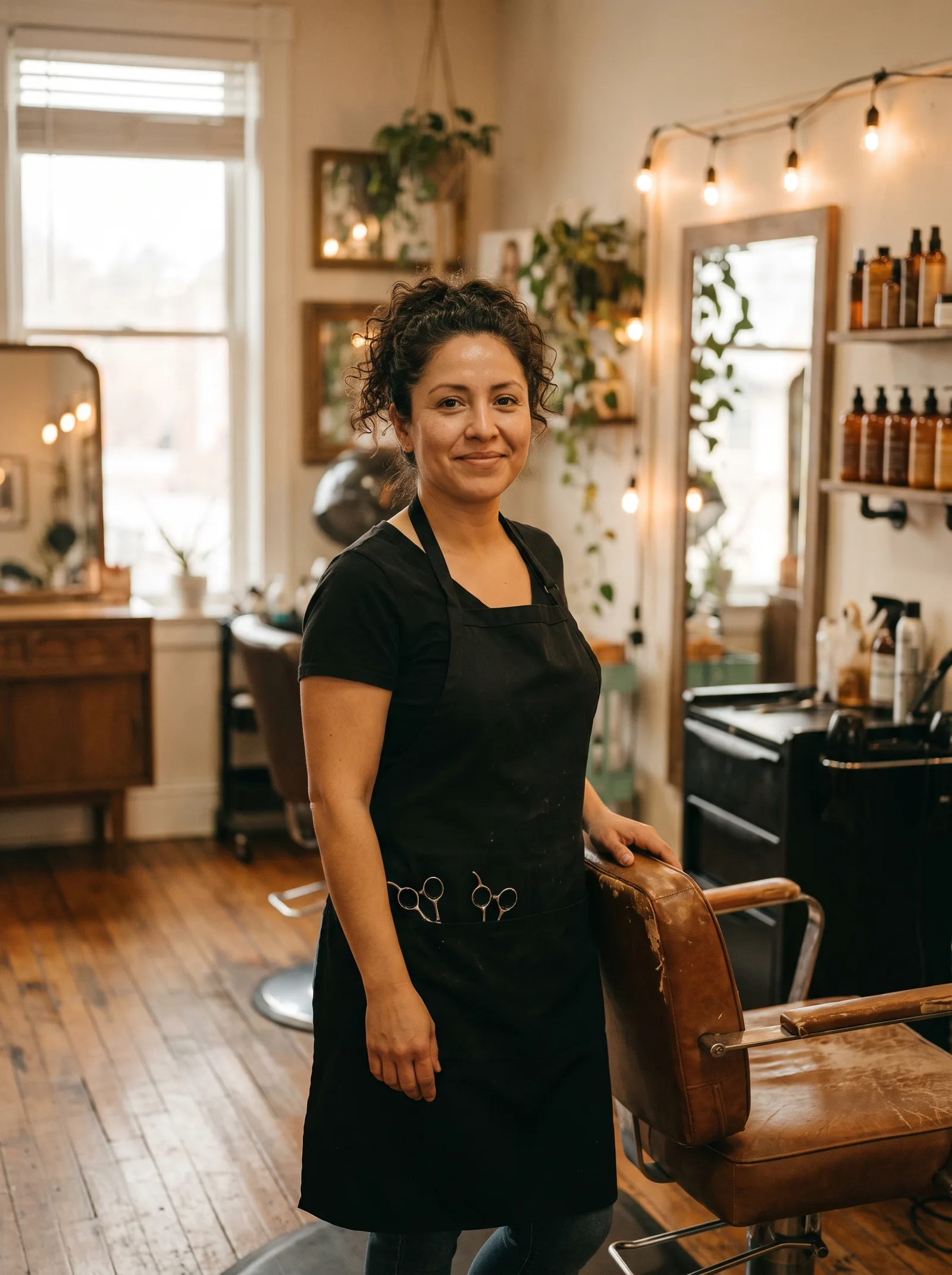A salon owner standing beside her styling chair in warm window light
