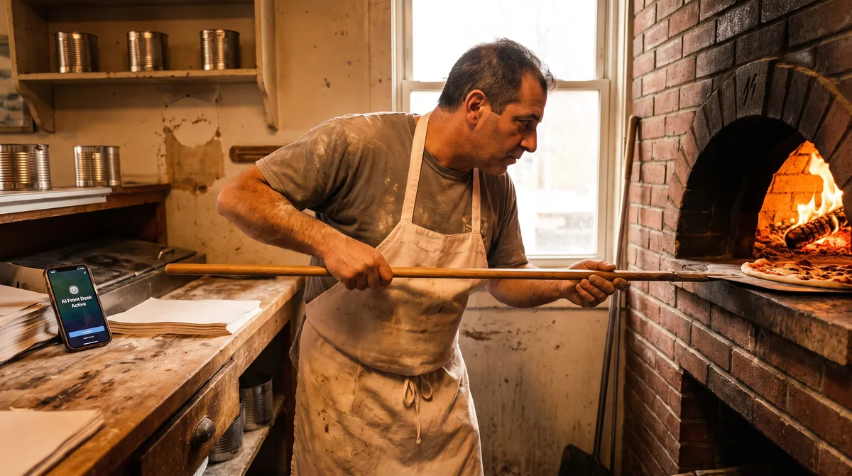 A pizzeria owner slides a pizza into the wood-fired oven while his phone answers the line beside him